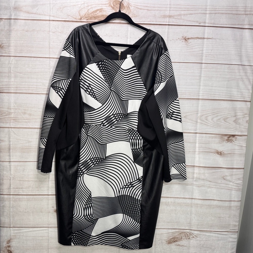 Cato Woman Black White Geometric Faux Leather Panel Sheath Dress Plus‎ Size 24W